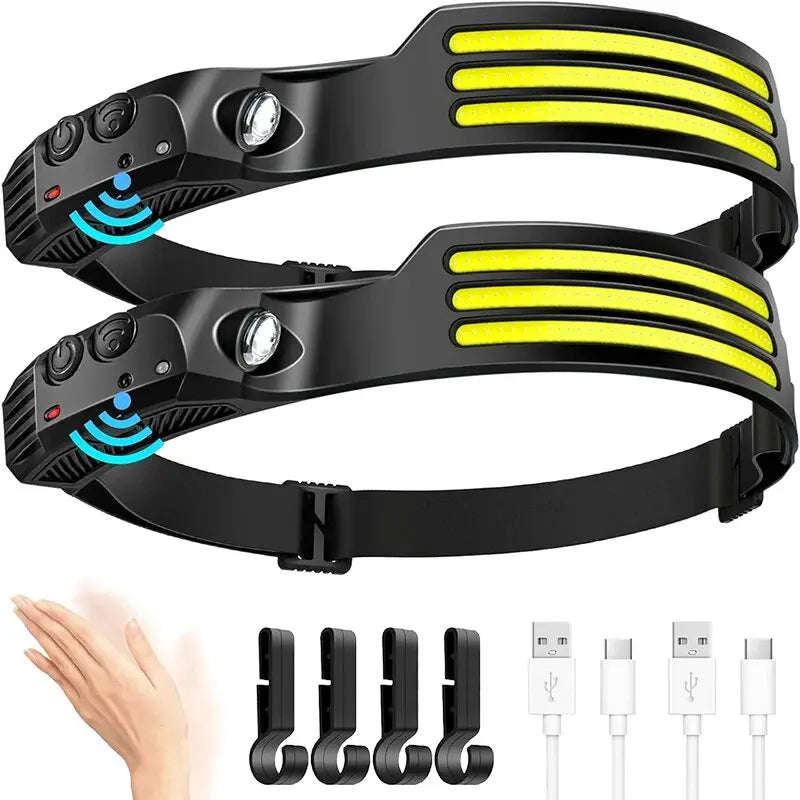 Lampe frontale de sauna à induction LED COB, batterie intégrée, lampe de poche aste USB, capteur de pêche, camping en plein air